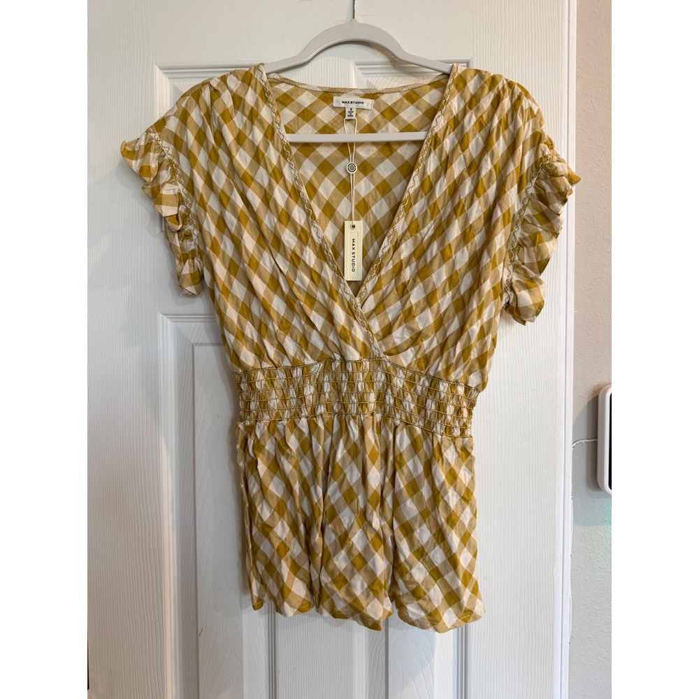 Max Studio Mustard Yellow Gingham Smocked Peplum Top V-Neck Ruffle Sleeve NWT S